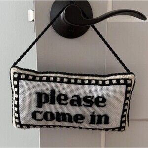 Needlepoint “Please Come In” Hanging Door Sign Black And White Cream Checkered